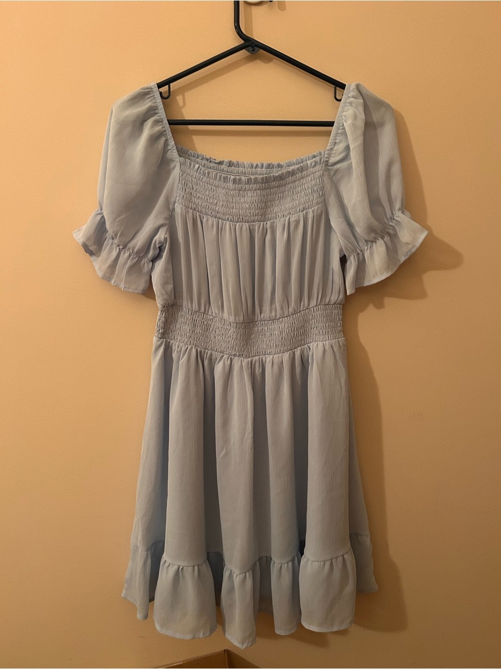 Smocked Puff Sleeve Mini Dress in Light Blue